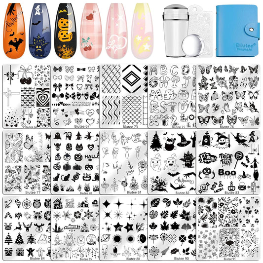 Biutee Nail Stamping Plate 15PCS Nail Stamper Kit Nail Art Stamping Plates Set with Nail Stamper, Scraper & Storage Bag, Nail Stamping Kit Star Bowknot Love Butterfly Leaf Halloween Design Template-BrightBean Baby