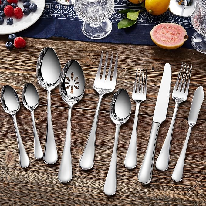 KEAWELL Premium Verona 4-Piece 9 inch Spoon Set – 18/10 Stainless Steel, Heavy-Duty Mirror-Finished Flatware for Daily Meals, Hosting and Special Occasions (4, Serving Spoons and Slotted Spoons)