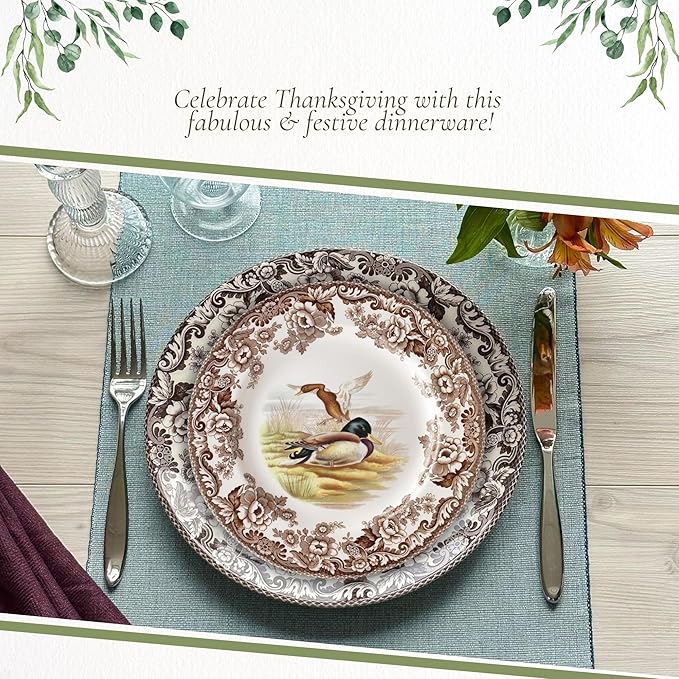 Spode Woodland Mallard 9" Soup Plate - Rustic Fine Earthenware Bowl for Soup, Salad, Pasta with Bird Design - Microwave, Oven, Freezer & Dishwasher Safe - Matches Woodland and Delamere Collections
