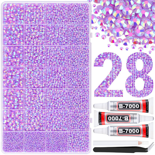 30000Pcs Resin Rhinestones for Bedazzling with 3Pcs B7000 Jewelry Glue, Lavender Purple AB Flatback Gems Rhinestones for Crafting, Clothing Tumblers Mugs Shoes Fabric Decor Nail Art-BrightBean Baby