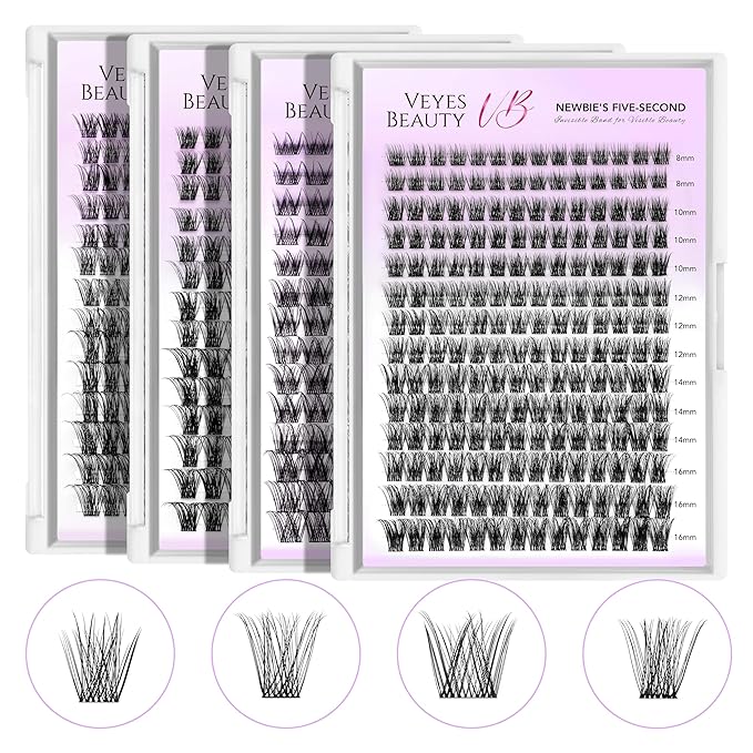 VEYESBEAUTY Lash Clusters Individual Eyelash Extensions Thin & Invisible Band DIY False Eyelashes for Self-application Newbie's Five-Second Series Wispy Lash Tray, Boldeye 8-16mm Mixed Length-BrightBean Baby