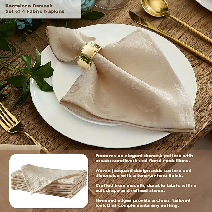Newbridge Barcelona Luxury Damask Fabric Tablecloth, 52” Wide x 70” Rectangle, Golden Beige, 100% Polyester, No Iron, Soil Resistant Dining Room, Party and Banquet Table Cover