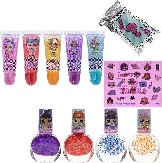 LOL Surprise Townley Girl 11 Pcs Sparkly Cosmetic Makeup Set for Kids Includes 5 Lip Gloss, 5 Nail Polish & Nail Stickers for Girls Tweens, Ages 3+ Perfect for Parties, Sleepovers and Makeovers-BrightBean Baby