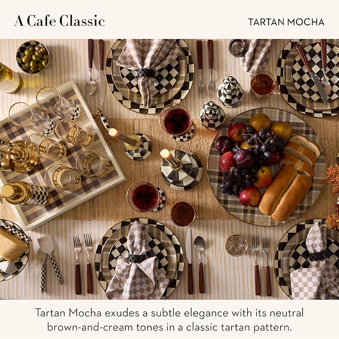 MACKENZIE-CHILDS Enamel Serving Platter, Decorative Serving Platter for Food, 16 Inches, Brown-and-White Tartan Mocha