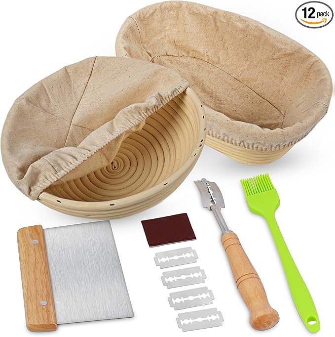 Swice Bread Proofing Basket Set, 9-Inch Round & 10-Inch Oval Banneton Sourdough Starter Kit with Lame, Dough Scraper, Linen Liner, and Basting Brush, Complete Bread Making Supplies and Tools