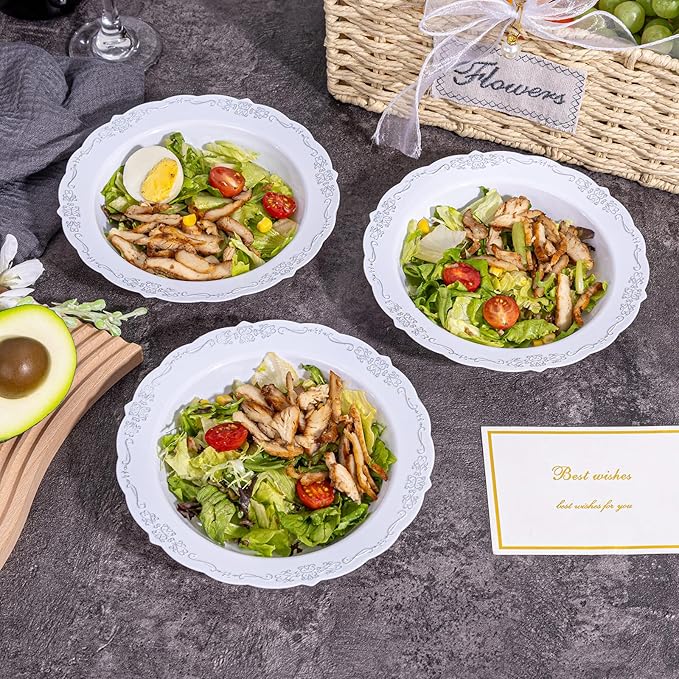 DaYammi 100 Pack Plastic Bowls with Silver Rim, 12oz Disposable Soup Bowls, Heavy Duty Dinner Bowls for Weddings, Parties, Dinners, Catering and Everyday Use