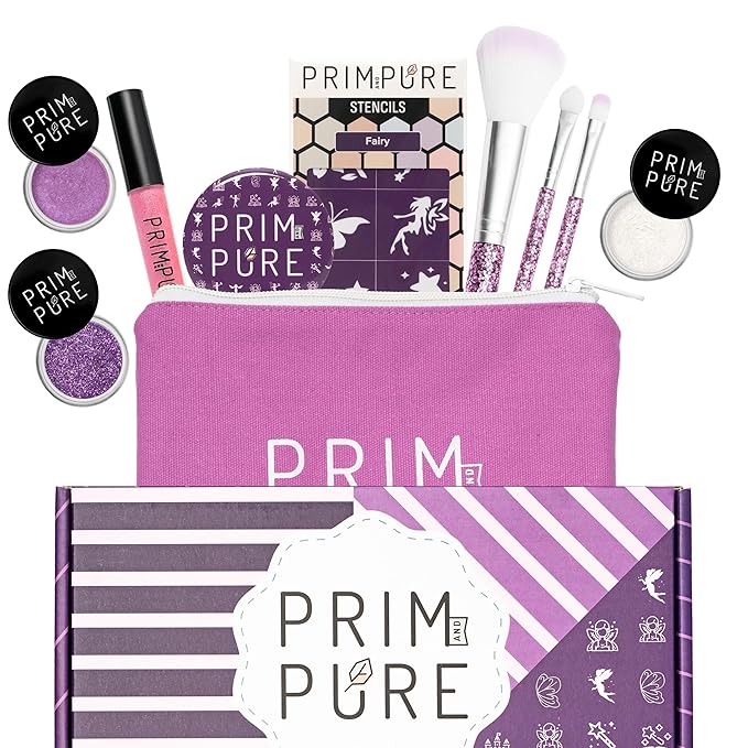 Prim and Pure Kids Makeup Gift Set - Stencil, Makeup Eyeshadow Bioglitter Lip Gloss and Cosmetic Bag Mirror Makeup Brush Accessories (Fairy Purple)-BrightBean Baby