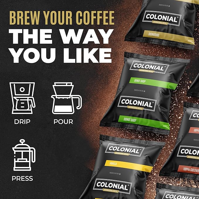 Colonial Coffee 32 Count Single Pot Coffee Packets – 100% Arabica Decaf Colombian Medium Roast | Pre-Measured Frac Packs for 12 Cup Maker | Bulk Ground Gourmet Coffee for Home & Office