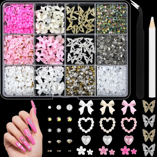 Artdone Nail Art Studs Kit, 12 grids 8 Colors 3D Charms and Pink Mix White Flower Heart Diamond Butterfly Cute Nail Jewels for DIY Decoration with Pickup Tools-BrightBean Baby