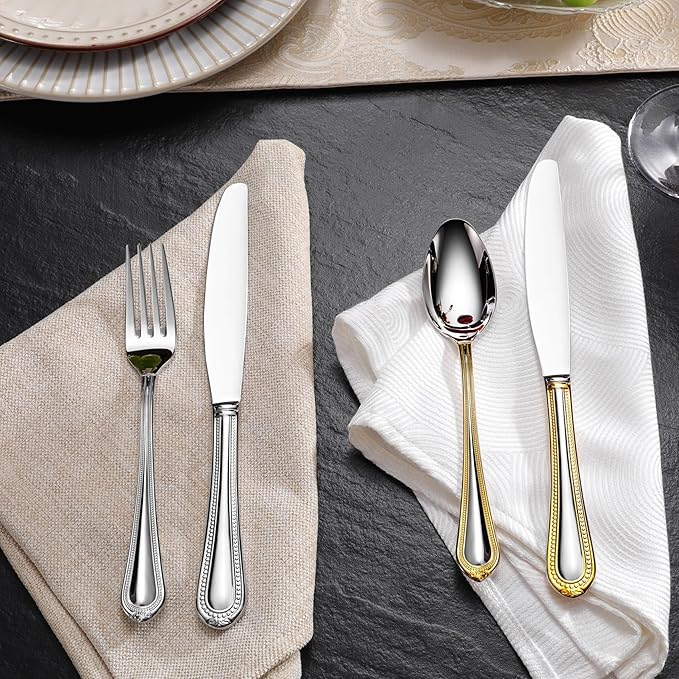 KEAWELL Pearl Edge 4-Piece Premium Spoon Set, 18/10 Stainless Steel, Fine Silverware Spoons with Refined Bead Design, Brightly Polished, Dishwasher Safe (Gold Accent, 7.56" Dinner Spoons)