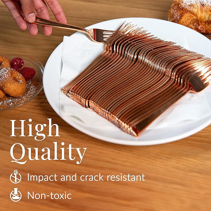 Prestee Set of 100 Rose Gold Plastic Forks Disposable - 7-in Heavy-Duty Fork Flatware - Bulk Pack Fancy Silverware - Sturdy Pink Cutlery for Weddings, Birthday Parties, Buffets, Catering and Events