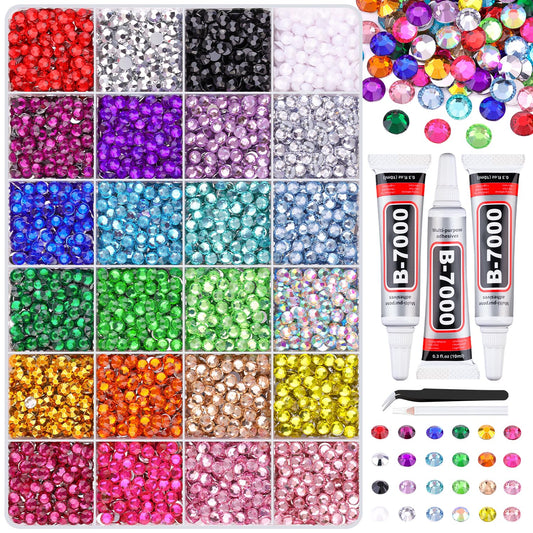 6600Pcs Resin Rhinestones for Crafting with Tweezers, Multicolor 5mm Bedazzling Crystal with 3Pcs 10ml B7000 Jewelry Glue for DIY Crafts Clothing Tumblers Shoes Fabric Nail Art-BrightBean Baby