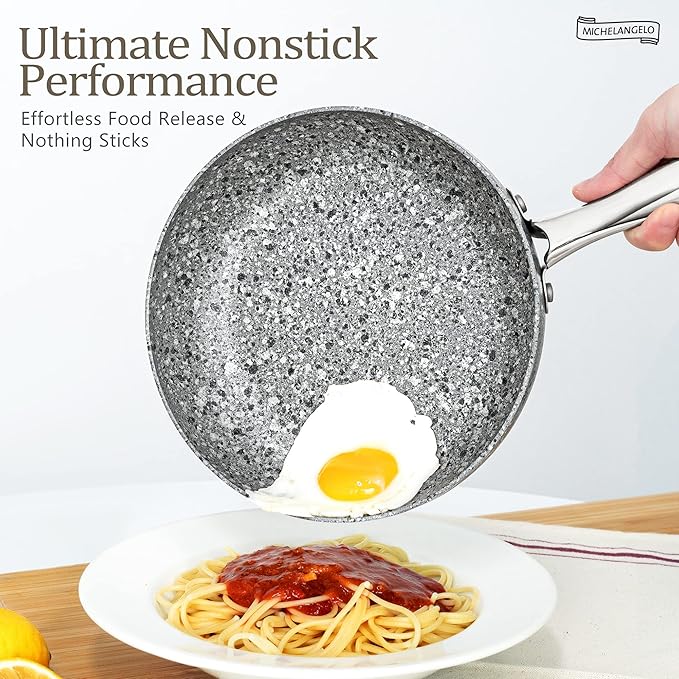 MICHELANGELO 11 Inch Stone-Derived Nonstick Frying Pan with Lid, Aluminum