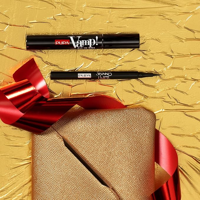 PUPA Milano Vamp! All In One And Skinny Liner Set - Volume Mascara And Ultra-Slim Eyeliner Pen - Naturally Formulated To Lengthen And Strengthen Lashes - Beautiful Gold Handbag - 3 Pc Mascara Kit-BrightBean Baby