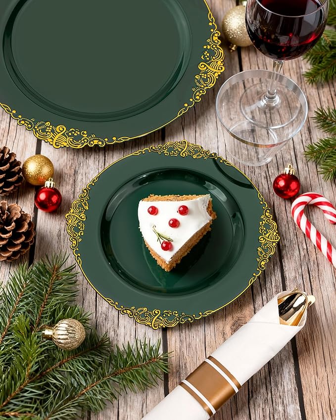 Nervure 350PCS Green Plastic Plates - Green Gold Plastic Dinnerware Sets for 50 Guests - 100 Disposable Plates, 150 Gold Silverware, 50 Cups, 50 Napkins for Wedding & Party & Christmas