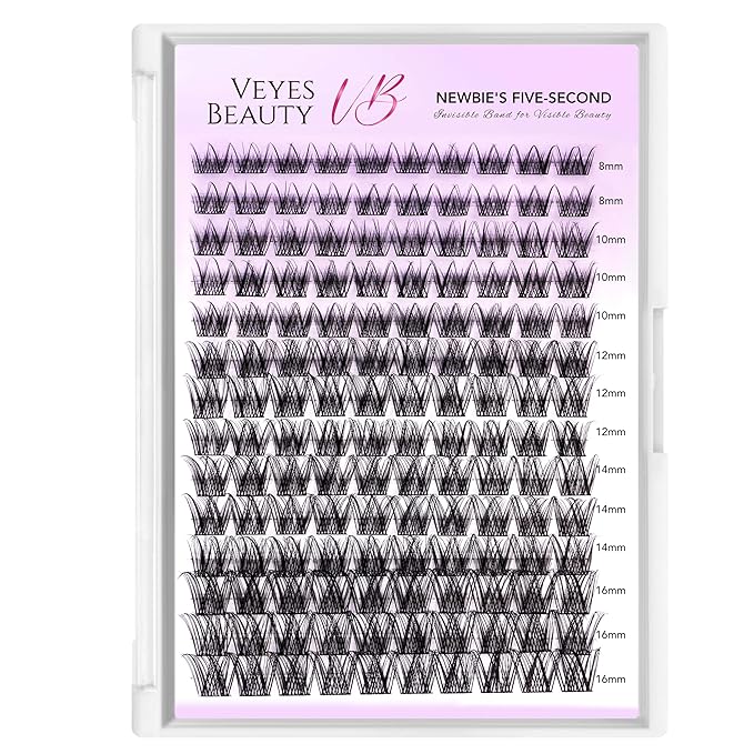 VEYESBEAUTY Lash Clusters Individual Eyelash Extensions Thin & Invisible Band DIY False Eyelashes for Self-application Newbie's Five-Second Series Wispy Lash Tray, LuxeBold 8-16mm Mixed Length-BrightBean Baby