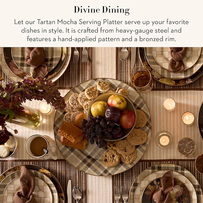 MACKENZIE-CHILDS Enamel Serving Platter, Decorative Serving Platter for Food, 16 Inches, Brown-and-White Tartan Mocha