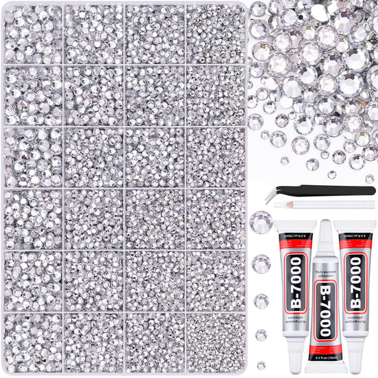 30000Pcs Resin Silver Clear Rhinestones for Bedazzling Crafting with b7000 Jewelry Glue, Bulk Flatback Gems Bedazzler Kit for Crafts Clothes Shoes Fabric Nail Diamond Art, Assorted Size 2/3/4/5/6mm-BrightBean Baby