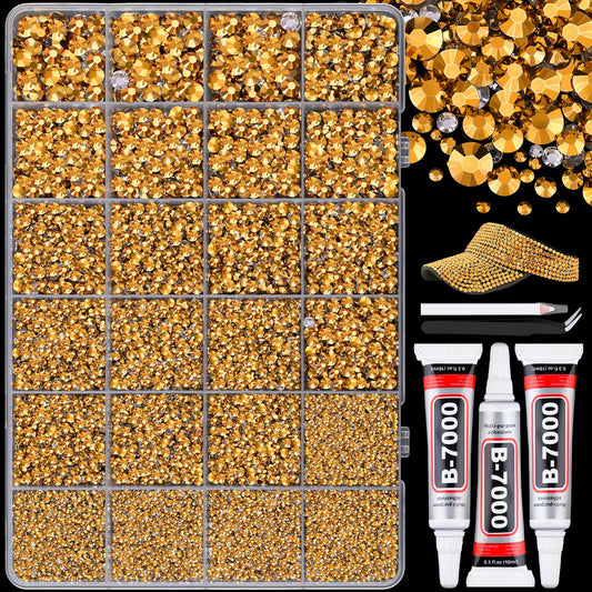 25000Pcs Resin Rhinestones with B7000 Jewelry Glue for Crafting, Copper Gold 2-6mm Non Hotfix Flatback Gems, Bedazzling Crystal for DIY Crafts Clothing Tumblers Mugs Shoes Fabric Nail Art-BrightBean Baby