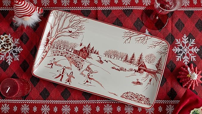 Bico Toile De Jouy Winter Wonderland Ceramic 14 inch Rectangular Serving Platter, Set of 2, for Serving Salad, Pasta, Cheese, Ham, Appetizer, Microwave & Dishwasher Safe