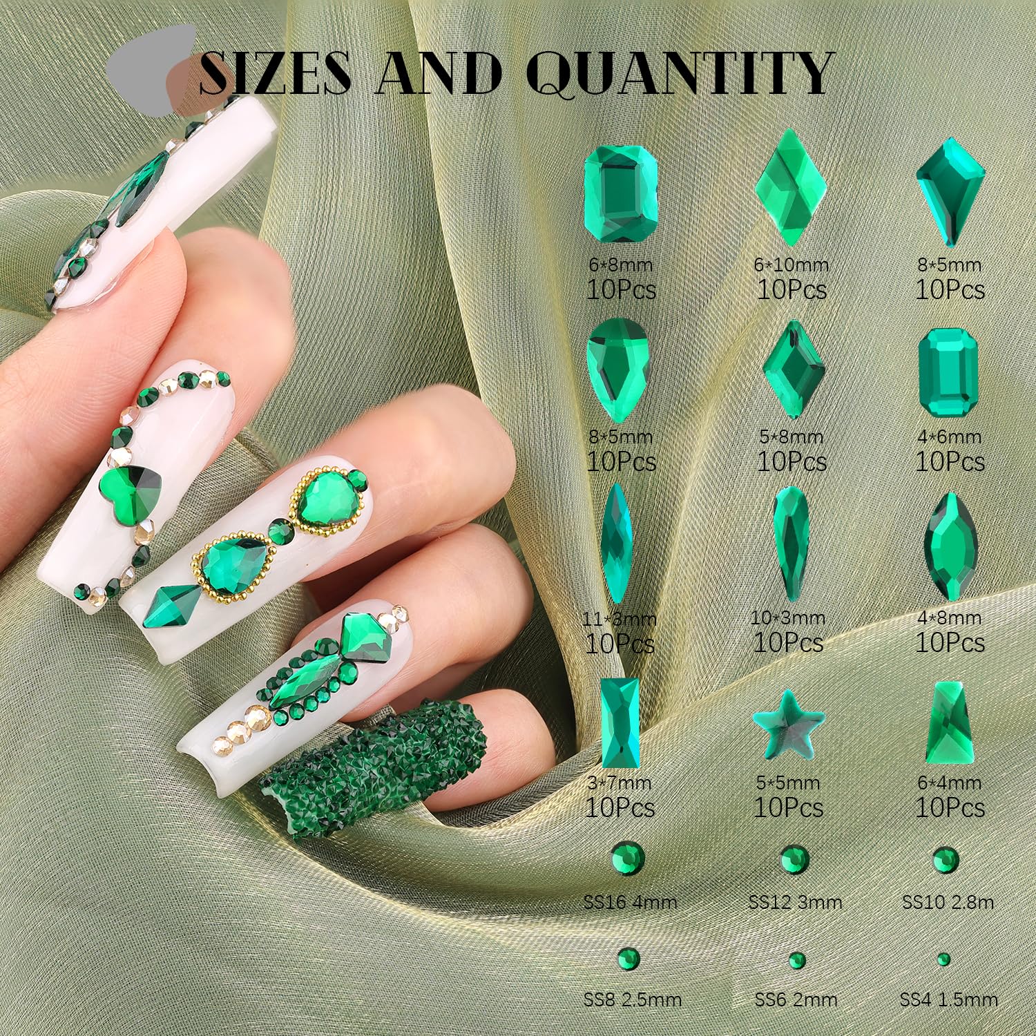 3220Pcs Emerald Green Glass Nail Rhinestones 120Pcs Multi Shapes Flatback Nail Gems +3100Pcs 1.5-4mm Round Crystal with Rhinestones Glue Gel, Manicure Nail Charms Diamond Gemstones for Nail Art-BrightBean Baby