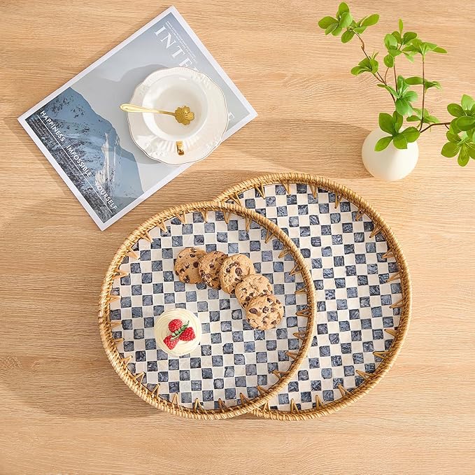 Round Rattan Tray with Mother of Pearl Inlay, Rattan Serving Tray with Wooden Base, Decorative Wicker Basket for Table Decor, Storage and Display of Coffee Bread Food Fruit (Checkerboard 11.8")