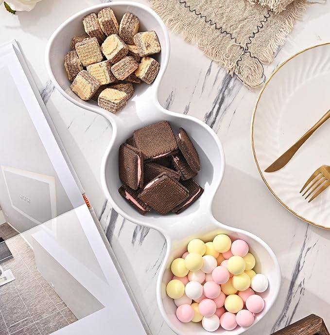 Blue Boat 2PC 14.5" x 5" Melamine 3-Section Divided Dishes, Stackable Serving Tray, 3 Compartment Appetizer Serving Tray, White Divided Serving Dishes, for Snack, Food, Serving Platter Set of 2