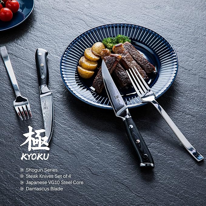 KYOKU Damascus Non-Serrated Steak Knives Set of 4 - Shogun Series - Japanese VG10 Steel - with Sheath & Case