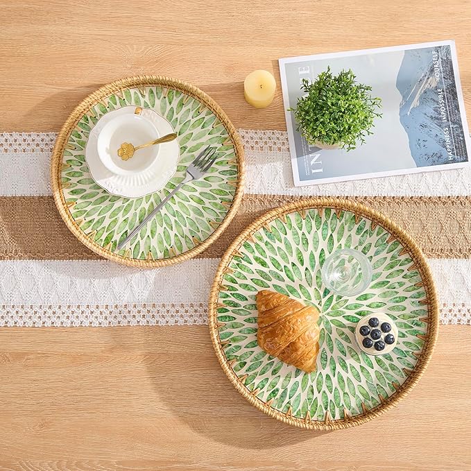 Round Rattan Tray with Mother of Pearl Inlay, Rattan Serving Tray with Wooden Base, Decorative Wicker Basket for Table Decor, Storage and Display of Coffee Bread Food Fruit (Leaf 13.5")