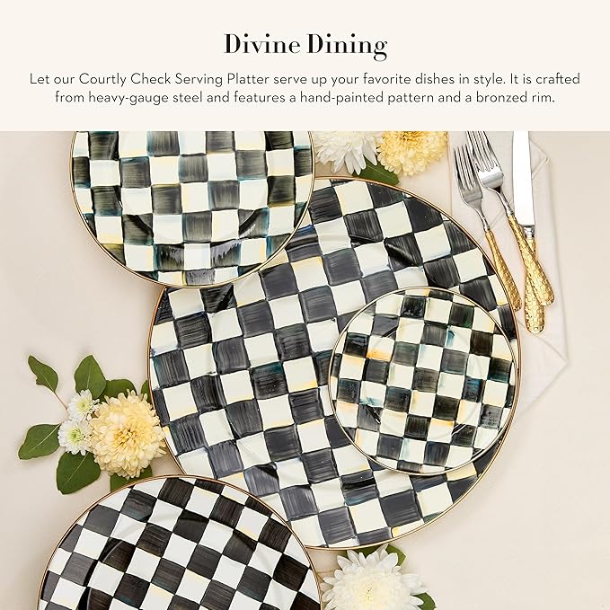 MACKENZIE-CHILDS Enamel Serving Platter, Decorative Serving Platter for Food, 16 Inches, Black-and-White Courtly Check