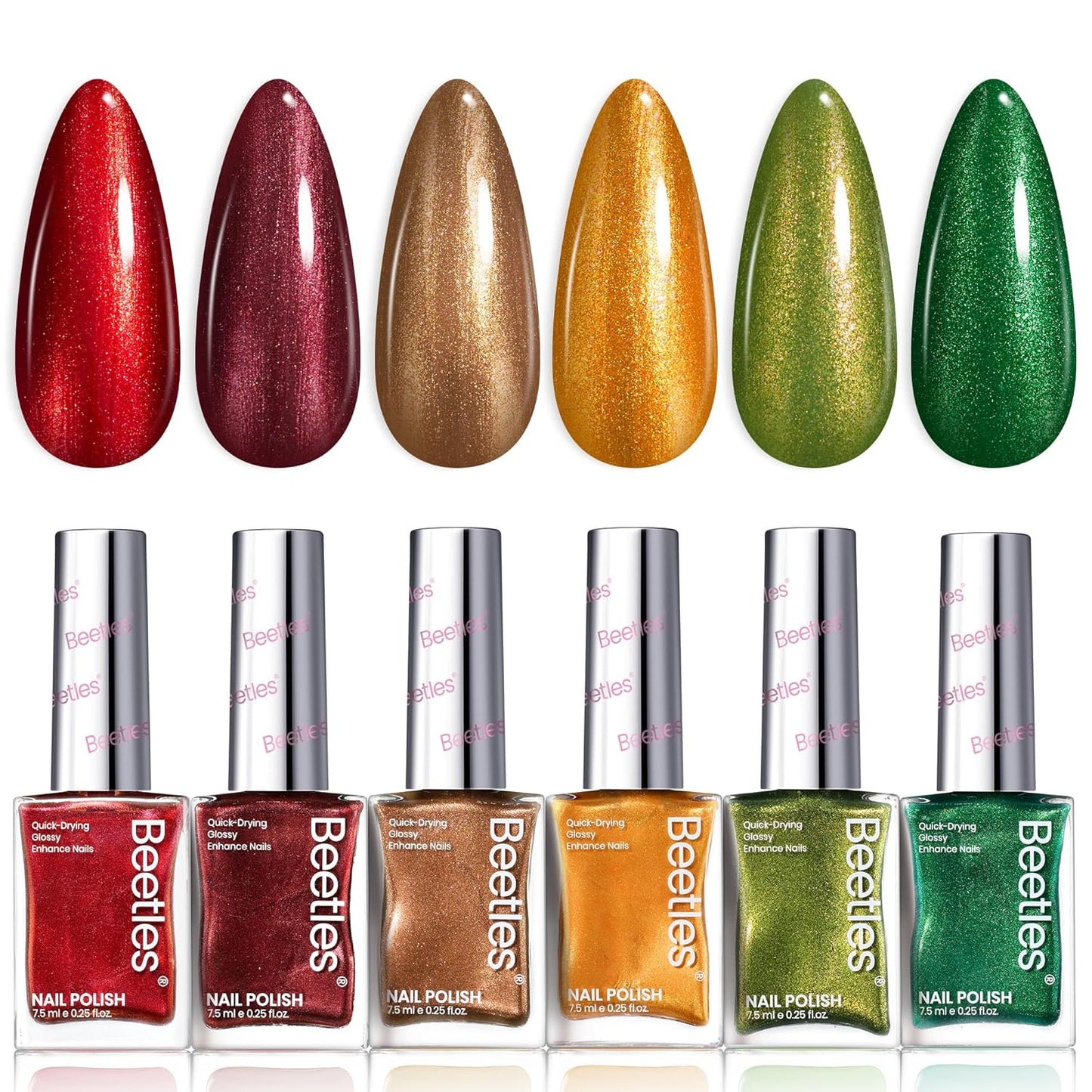 Beetles Fall Nail Polish Set - Glamour Era 6 Colors Quick Dry Glitter Burgundy Red Gold Green Yellow High-Gloss Long-Lasting Nail Polish for DIY At-Home Manicure Gift for Women-BrightBean Baby