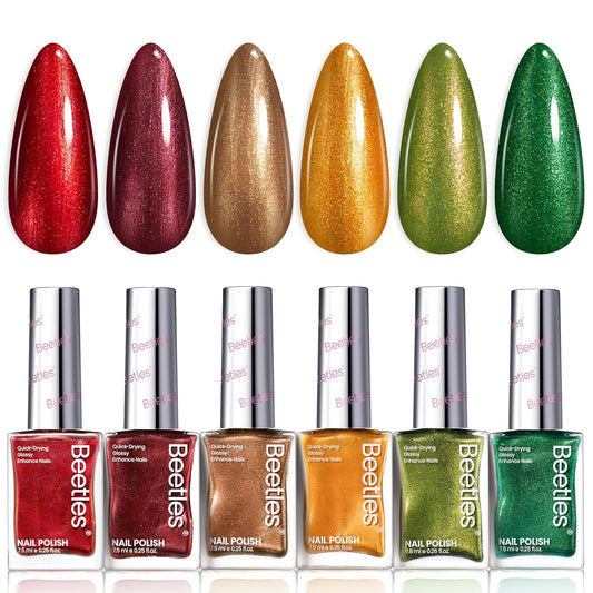 Beetles Fall Nail Polish Set - Glamour Era 6 Colors Quick Dry Glitter Burgundy Red Gold Green Yellow High-Gloss Long-Lasting Nail Polish for DIY At-Home Manicure Gift for Women-BrightBean Baby