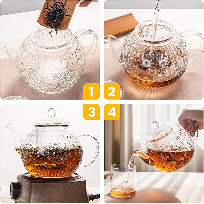 Bandesun Vintage Glass Teapot, Tea Kettle with Removable Infuser 32OZ/1000ml, Borosilicate Glass Pot -Stovetop Safe, Blooming & Loose Leaf Tea Maker Set