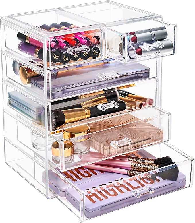 Sorbus Acrylic Makeup Organizer - Organization and Storage Case for Cosmetics Make Up & Jewelry - Big Clear Makeup Organizer for Vanity, Bathroom, College Dorm, Closet, Desk (4 Large, 2 Small Drawers)-BrightBean Baby