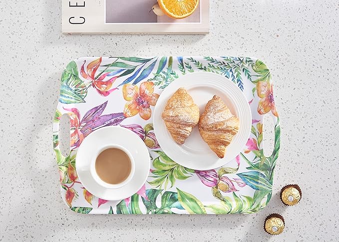 Blue Boat 16.5" x 11.5" Rectangular Serving Trays Set of 2 Floral, Light Weight Easy to Clean Sturdy Stackable Melamine Serving Tray with Handle, Fruit, Snacks, and Desserts Trays