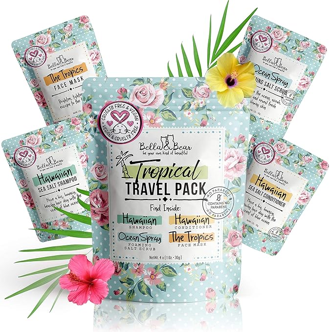 Bella & Bear Tropical Travel Pack, Self Care Kit, Includes Cruelty Free Shampoo, Conditioner, Body Scrub, Face Mask,1oz, Pack of 4-BrightBean Baby