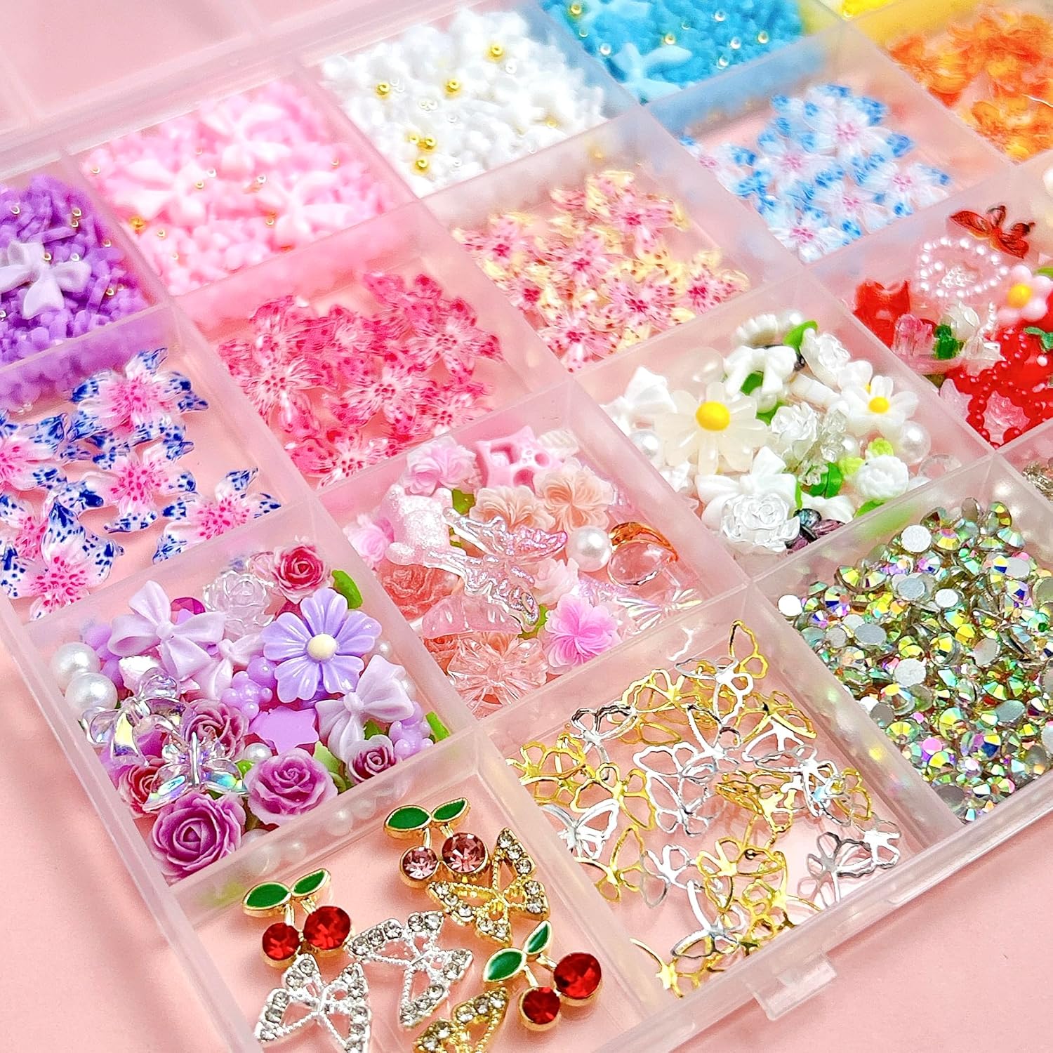 Flower Bow Nail Charms and Gems, 3D Resin Blossom Petals with Caviar Beads Charms for Nails Design，Flatback Pearl Charms Cherry Butterfly Rhinestone Nail Charms for Manicure DIY-BrightBean Baby