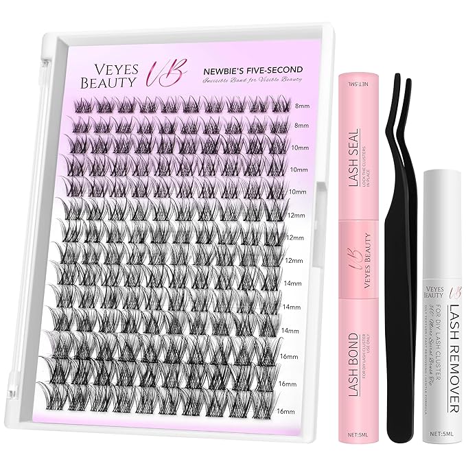 VEYESBEAUTY Lash Clusters Kit Individual Eyelash Extensions Thin & Invisible Band DIY False Eyelashes Newbie's Five-Second Series Wispy Lash Tray, LuxeBold KIT with Bond&Seal Remover Applicator-BrightBean Baby