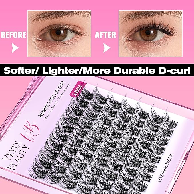VEYESBEAUTY Lash Clusters Individual Eyelash Extensions Thin & Invisible Band DIY False Eyelashes for Self-application Newbie's Five-Second Series Wispy Lash Tray, LuxeBold 16mm Single Length-BrightBean Baby