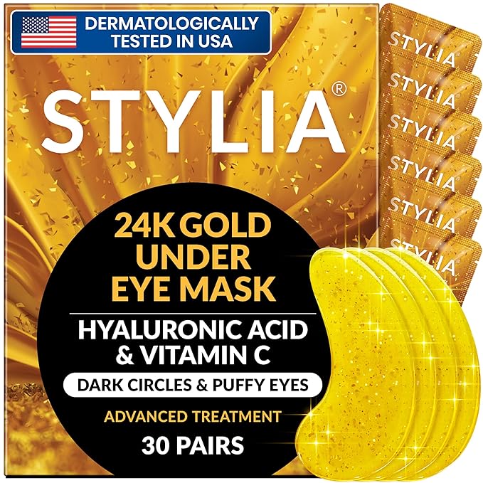Stylia Under Eye Patches for Dark Circles and Puffy Eyes (30 Pairs) - 24k Gold Under Eye Mask with Vitamin C, Hyaluronic Acid, Pearl Extract - Eye Masks for Dark Circles and Puffiness-BrightBean Baby