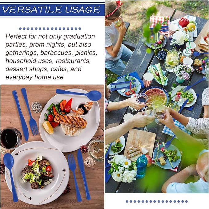 300 Pieces Dark Blue Plastic Silverware Heavy Duty Plastic Cutlery Set Heavyweight Disposable Flatware Includes Spoons Forks Knifes for Birthday Party Prom Night Wedding Dinner