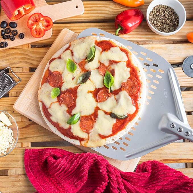 TKC 14” Perforated Pizza Peel – 31 Inch Long Handle Perforated Aluminium Pizza Paddle – Lightweight Pizza Turning Peel – Commercial Grade Pizza Spatula - Outdoor Pizza Oven Accessories - (Silver/Red)