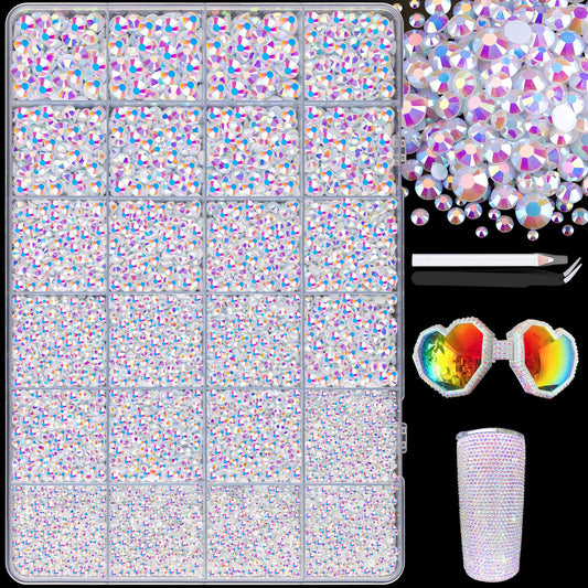 25000Pcs Resin Jelly Rhinestones with Tweezers for Crafting, 2-6mm Mixed Sizes (White AB) Non Hotfix Flatback Gems, Bedazzling Crystal for DIY Crafts Clothing Tumblers Mugs Shoes Decor Nail Art-BrightBean Baby