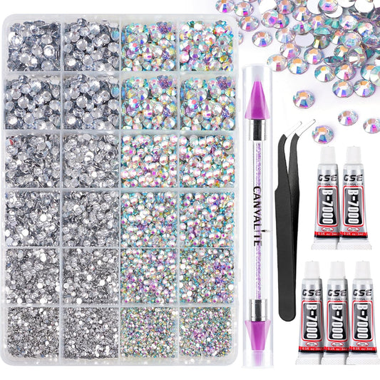 Canvalite 25000PCS Resin Jelly Rhinestones for Crafting,Clear AB Flatback Gems, Bedazzling Crystal with 5 X 2.5g B7000 Jewelry Glue and Tweezers and Dotting Pen for DIY Crafts Clothing Shoes Nail Art-BrightBean Baby