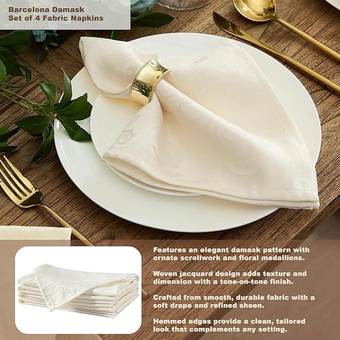 Newbridge Barcelona Luxury Damask Fabric Tablecloth, 60” Wide x 102” Oval, Antique White, 100% Polyester, No Iron, Soil Resistant Dining Room, Party and Banquet Table Cover