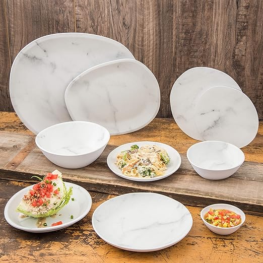 Carlisle FoodService Products Ridge Reusable Plate Rimless Plate for Home and Restaurant, Melamine, 9 Inches, Marble, (Pack of 12)