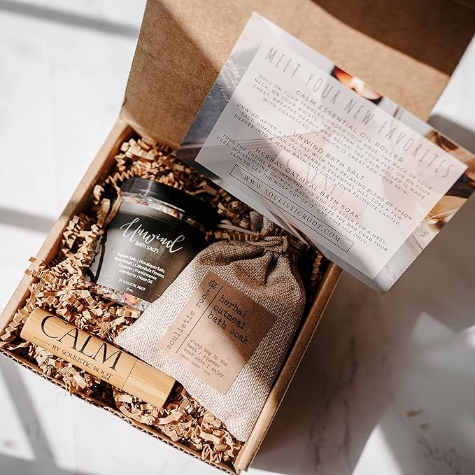 Relaxing Bath Gift Set, Luxury Spa Gifts for Women, Self Care Products for Women and Men, Calm Essential Oil Roller, Oatmeal Lavender Bath Soak & Epsom Salts with Essential Oils-BrightBean Baby