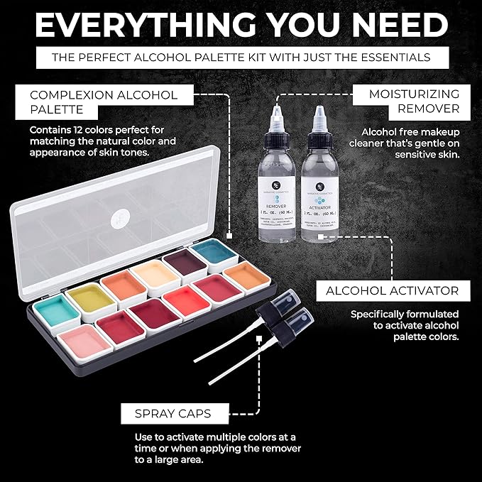 Complexion Alcohol-Activated Palette, Activator, and Remover Kit, Professional SFX Makeup Set-BrightBean Baby
