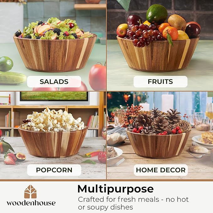 Wooden Bowls, Wooden Salad Bowl Set of 3 - Round Design Large Salad Bowl Set for Serving, Handmade, Durable and Stylish Natural Wood Dining Accessory by Woodenhouse