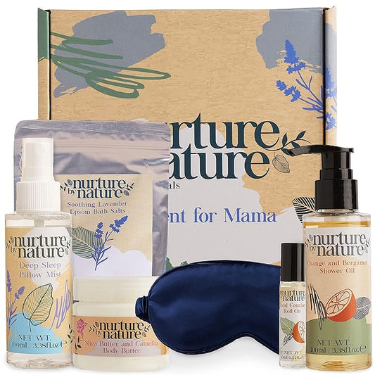 Nurture by Nature's MOMENT FOR MAMA Gift Set, Lavender Pillow Mist, Spa Gift Baskets for Women, 6 Pcs Per Bath Set, Mom Spa Gift Set, Relaxation Kit, Body butter, Shower Oil, Essential Oil Roll on-BrightBean Baby